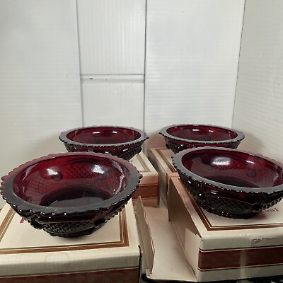 #ad 4 Vintage Avon Cape Cod Dessert Bowl 5” Ruby Red 1876 Salad in original boxes $75.00