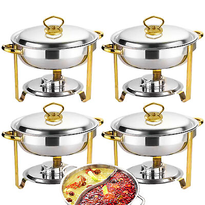 #ad 4PCS Round Gold Plated Chafing Dish Buffet Set Stainless Steel Food Warmer Trays $173.90