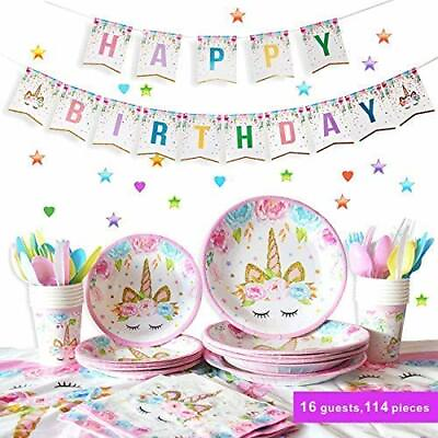 Polka Dot Sky Unicorn Birthday Party Supplies Tableware 16 pack Disposable Set GBP 18.99
