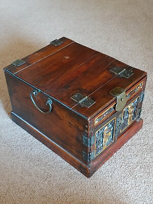 民国榆木金漆雕画妆奁 Antique Chinese Portable Elm Wooden Make Up Trinket Drawer Box Relief $259.00