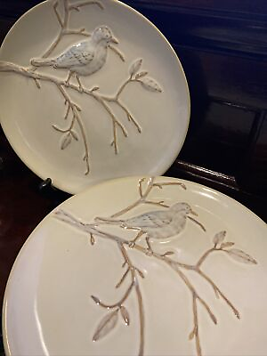 #ad #ad Pottery Barn 3D Embossed Blue Bird on Branch 8 Salad Plates 9quot; Beige $95.00
