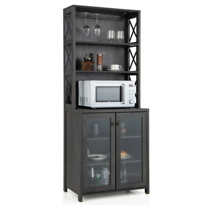 Tall Freestanding Cabinet Kitchen Buffet Hutch w Glass Holder amp; Adjustable Shelf $217.93