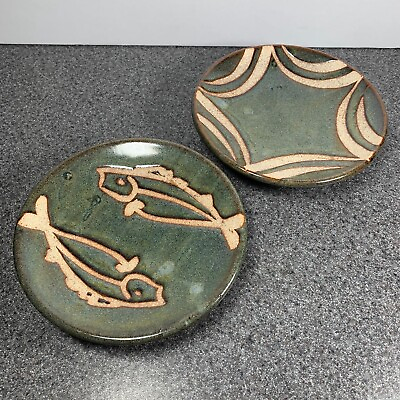 Pair of Green Glazed Stoneware Pottery Plates w Fish amp; Star Design 5.5quot; $18.00