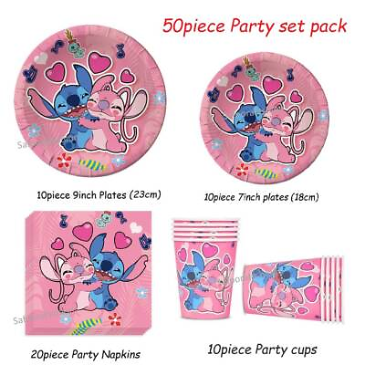#ad Stitch amp; Lilo Pink Party set Plates Cups Napkins Kids Birthday party decoration GBP 12.95