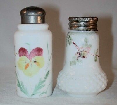 #ad #ad Pair of Antique Hand Painted Opaque White Opalware Mold Blown Glass Salt Shakers $39.99