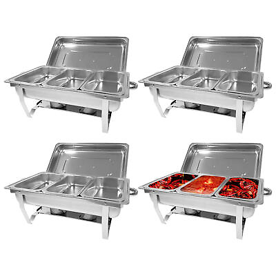 #ad 4 Pcs Chafing Dish 8 QT Food Warmer Stainless Steel 3 Grid Buffet Set For Party $212.35