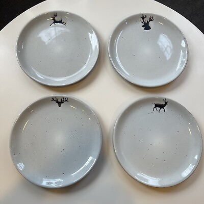 #ad Pottery Barn Set of 4 Rustic Reindeer Salad Plates 9” Terra Cotta Barely Used $60.00