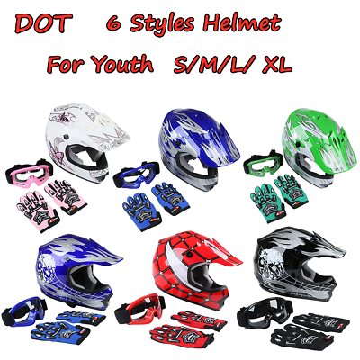 #ad DOT Youth Kids Helmet Dirt Bike ATV Motocross Motorcycle S XL Goggles Gloves $42.99