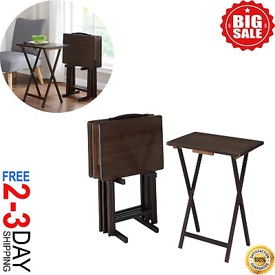 TV Folding Table Set 5 Piece Modern Wood Snack Dinner Tray w Stand NEW $46.99