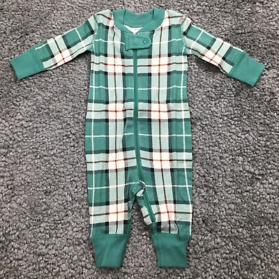#ad Hanna Andersson Baby Plaid Crewneck Zip One Piece Size 0 3M Green White NWT $42 $2.62