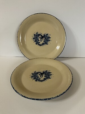 #ad Pottery Plates Blue Heart And Flowers Blue Rims 8” Made In Texas.Stamped Back $23.00