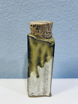 #ad Vintage Drip Glaze Art Pottery Bottle with Cork Stopper 6.5quot; Tall $12.99