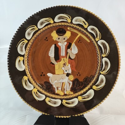 #ad Kohler Biel Handerbeit Pottery Plate Signed Swiss Folk Art Boy Goat Farm Decor $21.45
