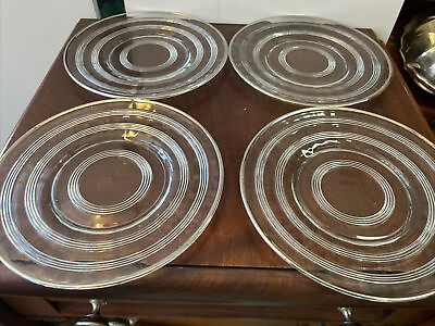 #ad vintage art deco silver rim Glass Etched dessert salad plate set Of Four 8quot; $14.99