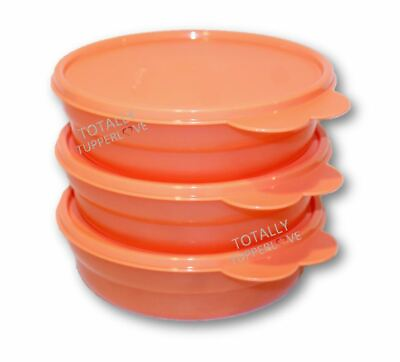 Tupperware Set of 3 Cereal Bowls 2 Cup Salad Containers w Seals Orange $35.95
