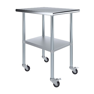 #ad 30 in. x 24 in. Stainless Steel Work Table with Wheels Metal Mobile Food Prep $194.95