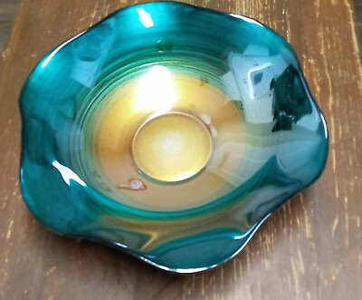 #ad Blue Green and Gold Iridescent Vintage Dish large approx 12quot; $28.00