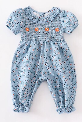 #ad Baby Girls Blue Smocked amp; Embroidered Floral Ruffle Romper Sizes 3M 6M 12M 18M $22.00