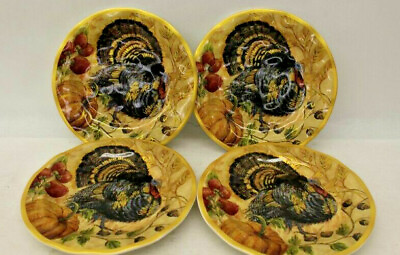 #ad #ad 4 Pottery Barn Fresco Turkey Thanksgiving Plates Gold French Country Farmhouse $75.00