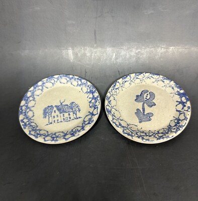 #ad #ad Vtg Beaumont Brothers Pottery Plates Miniature Salt glaze Blue Sponge Ware Set 2 $19.99