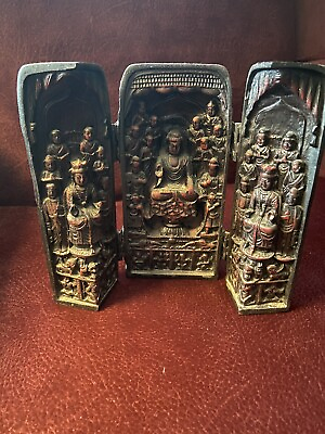 12 Lights Amitabha Buddha Resin Chinese Portable Folding Tryptic Buddhist Shrine $65.95