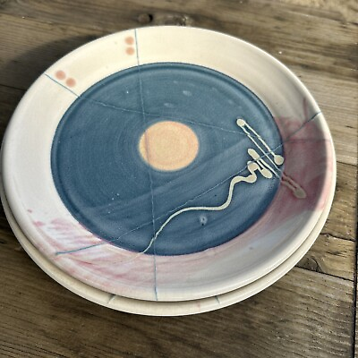 #ad #ad Vintage Studio Pottery Plates 80#x27;s 90s Hand Thrown Glazed Abstract Blue Pink $64.98