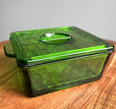 #ad VTG Green Glass Refrigerator Container Dish Lid 6” Diamond Pattern READ $19.95