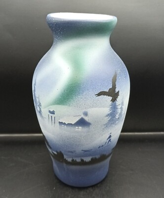 RWA 1999 Hand Painted Native American Pottery Winter Village Nature Scene Vase $28.80