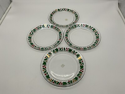 #ad Arcoroc Christmas Holly Berry 8quot; Salad Dessert Plates Gold Rim Set of 4 France $16.00