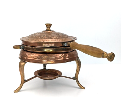 #ad Antique Tinned Hammered Copper Chafing Dish Embossed Arabic Islamic Maker Mark $115.64