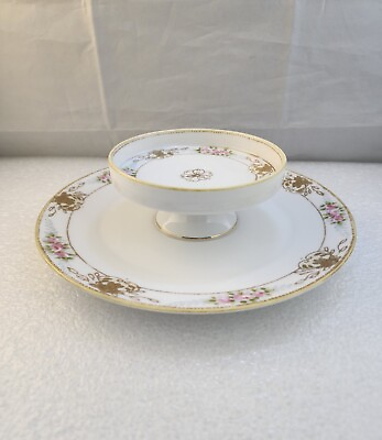 #ad Antique 2 Tiered Floral Moriage Gold Trimmed Serving Candy Trinket Jewelry Dish $35.95