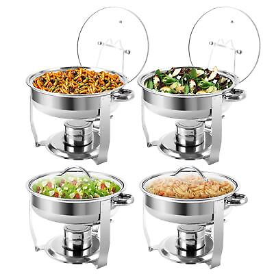 4 Pk Food Warmer 3 QT Round Chafing Dishes Buffet Set Stainless Steel Glass Lid $175.87