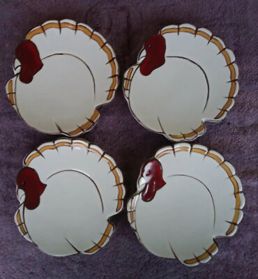#ad Pottery Barn Gobble Thanksgiving Turkey Salad or Dessert Plates 7quot; Set of 4 MINT $60.17