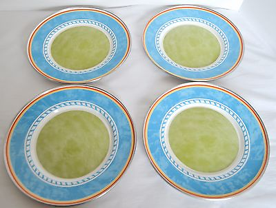 4 Formation Enamelware 9 1 4quot; Salad Buffet Plates Dish Blue Striped Chrome Edge $28.80