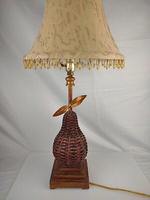 #ad #ad Palm wicker Pear fruit Table lamp w beaded light brown Shade wood base $61.24