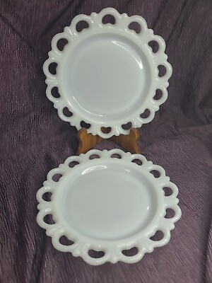 #ad Anchor Hocking Milk Glass Open Heart Lace Luncheon Salad Dessert Plate Set of 2 $18.95