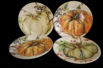 #ad Pottery Barn Watercolor Pumpkin Set Of 4 Salad Plates 8 1 4quot; Very Colorful $31.68
