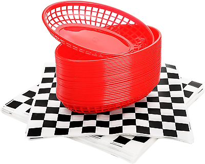 30 Red Oval Fast Food Baskets W 250 Checkered Deli Liners 8.9 X 5.6 X 1.5 Inch $26.97