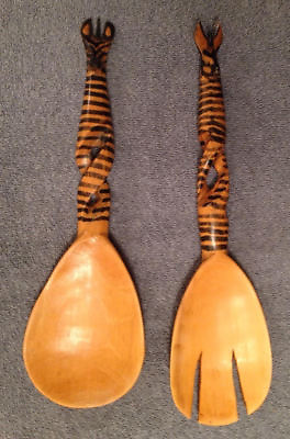 2 Handmade Wooden Giraffe Salad Spoon Africa Orange Black Twisted Safari Kitchen $17.95