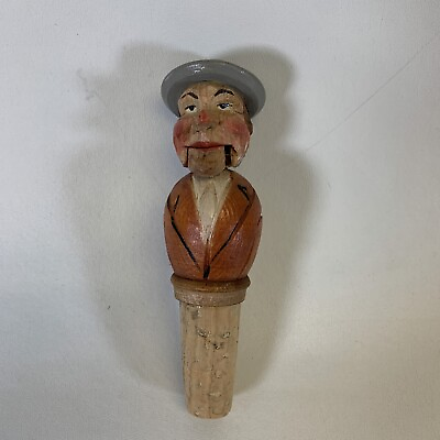 Vintage Carved Wood Bottle Stopper Man With Hat Articulated Mouth amp; Neck $29.99