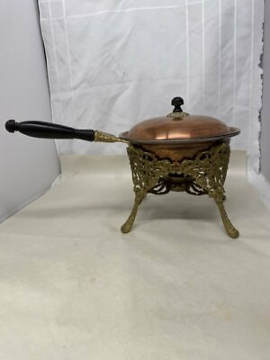 #ad VINTAGE COPPER CHAFING DISH PAN WITH WOOD HANDLE TIN LINED $79.99