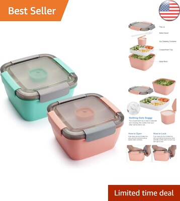 #ad Salad Container To Go Leak proof 3 Compartments Sauce Container 52 oz Pink $35.97
