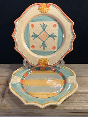 Rustic Hand Painted Italian Pottery Salad Plate Fruit Tuscan Design 9” Set 2 $24.00