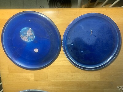2 Cobalt Blue Studio Pottery Plates Earth and Moon Galaxy Bohemian Eclectic $40.00