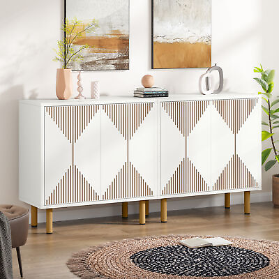 White Modern Sideboard Buffet Cabinet with 4 Doors Wood Large Storage Cabinet $191.08