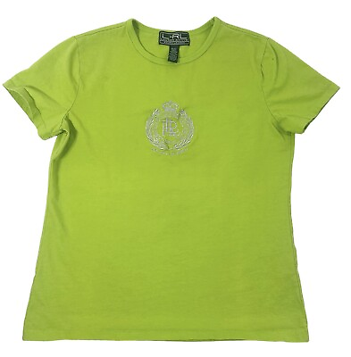 #ad Ralph Lauren T Shirt Women’s Medium Lime Green Metallic Crest Top Logo Y2K Vtg $20.66