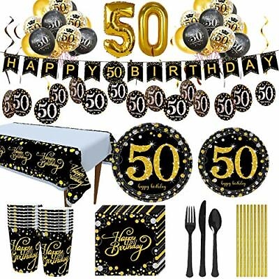 Trgowaul 50th Birthday Party Supplies Black amp; Gold Disposable Set for 24 Guests $55.58