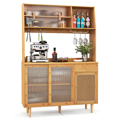 #ad #ad Bamboo Buffet Cabinet Wine Bar Pantry Cupboard Sideboard w Rattan Sliding Door $349.99