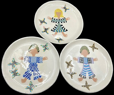 #ad Set of 3 Faith Rahill Studio Art Pottery Plates Nerikomi People Oregon Signed $44.99