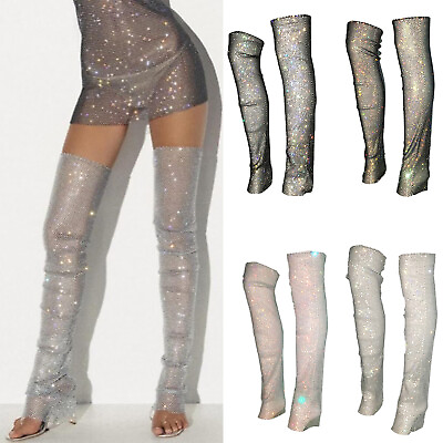 #ad #ad Womens Leg Above Fishnet Sparkly Covers Music Knee Fashion Socks Party Warmer $9.49